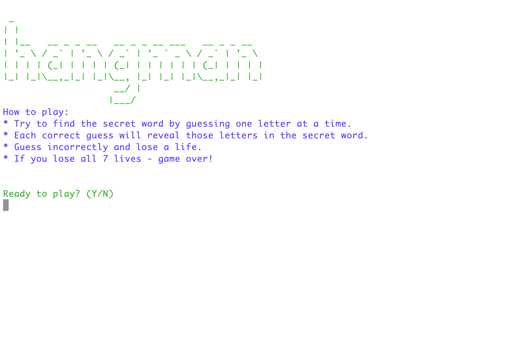 Hangman app welcome message